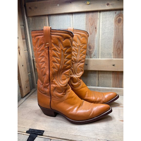 Vintage Stock Show Boots 9D Western Tan Pointed Toe Leather Mens - Picture 1 of 14